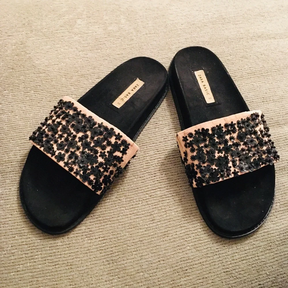 Zara Basic Floral Bead Rhinestones Black Pink Slide Sandals Size 42 - Picture 2 of 8